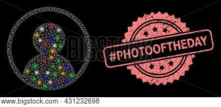 Bright Mesh Web User Portrait With Light Spots, And Tag Photooftheday Dirty Rosette Seal Print. Illu