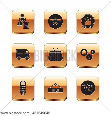 Set Delivery Man With Cardboard Boxes, Pos Terminal Credit, Hanging Sign Open, Wallet, Cargo Truck V