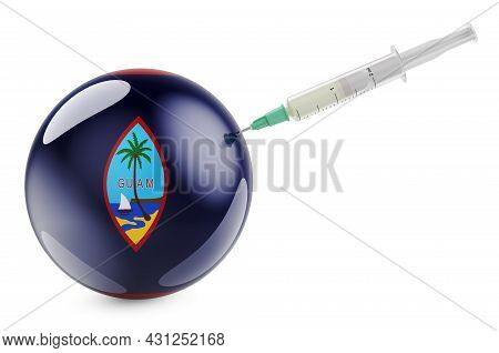 Syringe With Guamanian Flag. Vaccination In Guam Concept, 3d Rendering Isolated On White Background