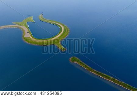 Aerial View From The Drone Of Manmade Tulip Island Tulpeiland Zeewolde, Netherlands.