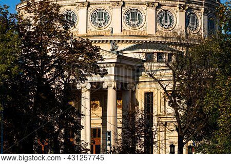 Detail View Over The Romanian Athenaeum Or Ateneul Roman, In The Center Of Bucharest Capital Of Roma