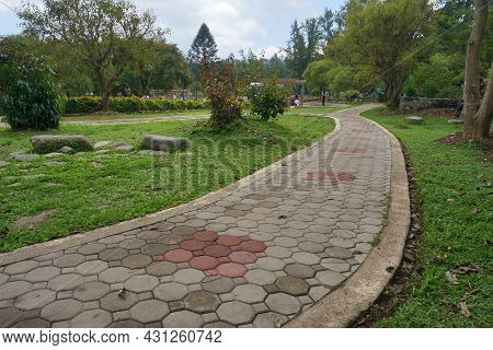 Gray Octagon Shape Bricks On Walkway In A Park. Bricks For Landscape Or Gardening Idea. Photo Taken 