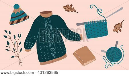 Cozy Autumn Set, Hygge Evening For Knitting. Handmade Work. World Knitting Day In Public Places, Bal