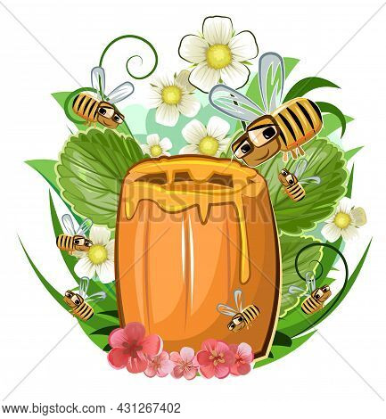 A Small Barrel Of Fresh Honey And Cheerful Worker Bees. In The Flower Meadow. Collect The Nectar. Ca