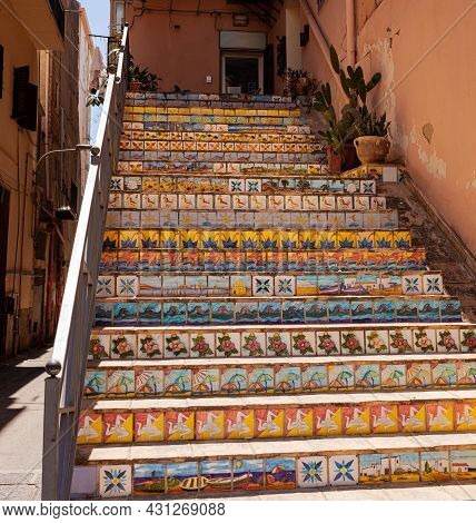 View Of A Staircase Decorated With Typical Sicilian Ceramic Tiles, Porto Empedocle. Sicily