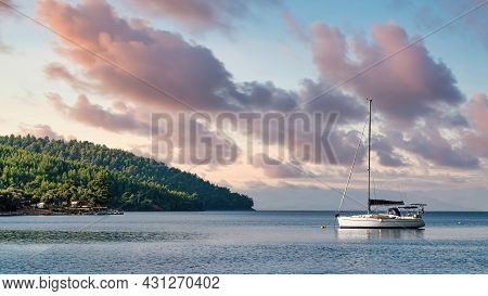 Marmaris, Akyaka, Turkey - November 2020: Mediterranean Landscape Of Akyaka Village In Mugla. A Boat