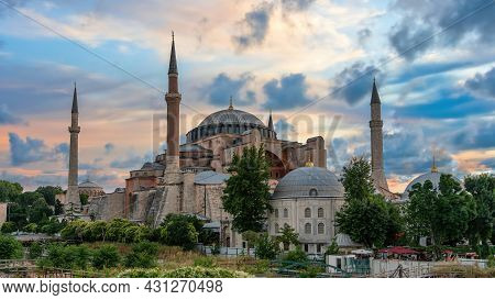 Istanbul, Turkey - July 2021: Hagia Sophia Mosque And Sultanahmet Square Under Dramatic Clouds. Hagi
