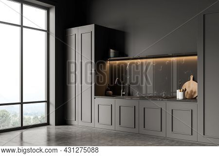 Corner Of The Panoramic Dark Grey Kitchen Interior With Illuminated Marble Splashback Under Trendy O