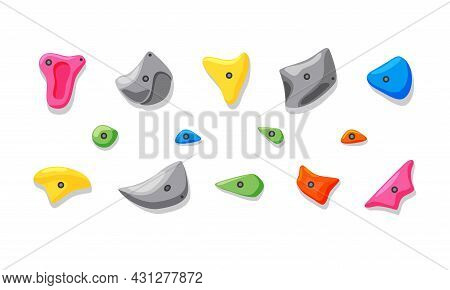 Grippers For Climbing In The Gym, Imitation Of A Rock. Various Fasteners. Cartoon Set On A White Iso