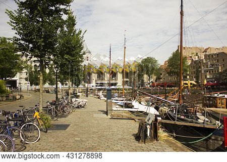 Rotterdam, Netherlands - July 25, 2021: Oude Haven View At Cube Houses In Rotterdam, The Netherlands