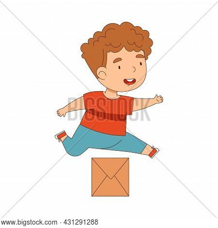Cute Boy Running And Rushing At Full Speed Jumping Over Cardboard Box Vector Illustration