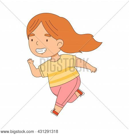 Cheerful Little Redhead Girl Running And Rushing At Full Speed Vector Illustration