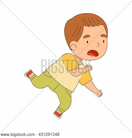 Cute Boy Tumbling Over And Stumbling While Running And Rushing At Full Speed Vector Illustration