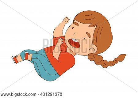 Cute Girl Tumbling Over And Stumbling While Running And Rushing At Full Speed Vector Illustration