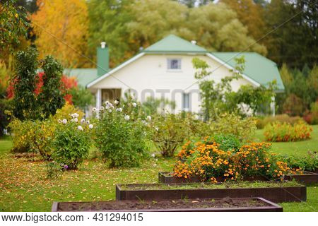 Beautiful Green Garden Full Ot Trees, Decorative Plants And Blossoming Flowers With Big White House