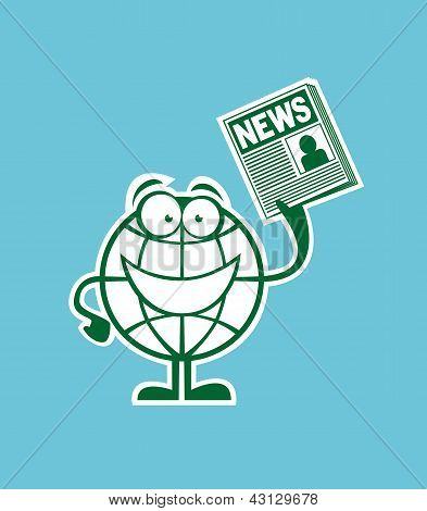 Globe kreslená postava s novinkami v ruce