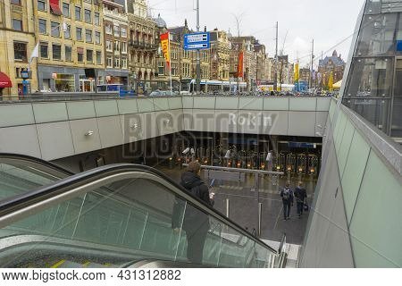 Amsterdam, Netherlands - Nov 28, 2019 : Entrance To Rokin Metro Station In Amsterdam, Netherlands On
