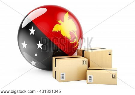 Parcels With Papuan New Guinean Flag. Shipping And Delivery In Papua New Guinea, Concept. 3d Renderi