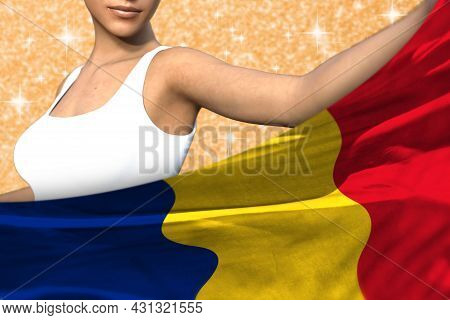 Beautiful Girl Is Holding Romania Flag In Front Of Her On The Orange Shining Sparks Background - Fla