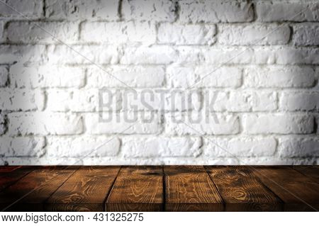 Background Wooden Table And White Brick Wall In The Background, Empty Brown Wooden Table Top For Dis