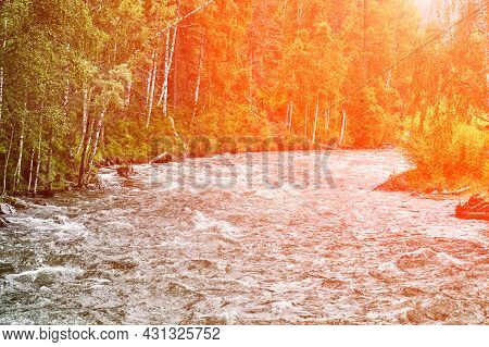 Vacation Landscape. Russian Altai Mountains. Multa Region. Holiday At Home. Staycation Concept. Rive