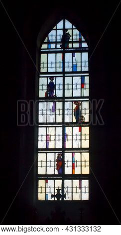 Ludzmierz, Poland June 10, 2021: Stained Glass Window In The Sanctuary Of Our Lady In Ludzmierz, Pol