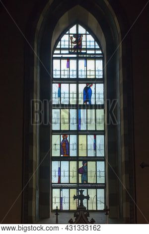 Ludzmierz, Poland June 10, 2021: Stained Glass Window In The Sanctuary Of Our Lady In Ludzmierz, Pol