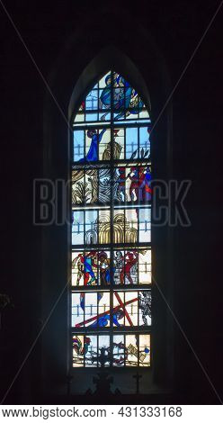 Ludzmierz, Poland June 10, 2021: Stained Glass Window In The Sanctuary Of Our Lady In Ludzmierz, Pol