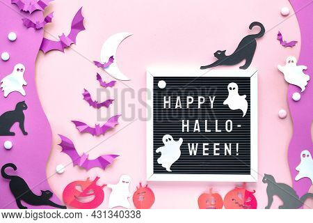 Text Happy Halloween On Letter Board, Letterboard. Cute Background With Black Cats, Vibrant Purple P