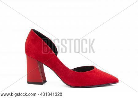 Classic And Elegant Suede High-heeled Women Shoes. Stylish Red Shoes On High Block Heels And With A 