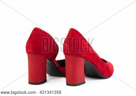 Classic And Elegant Suede High-heeled Women Shoes. Stylish Red Shoes On High Block Heels And With A 