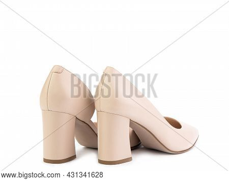 Classic And Elegant Suede High-heeled Women Shoes. Stylish Beige Shoes On High Block Heels And With 