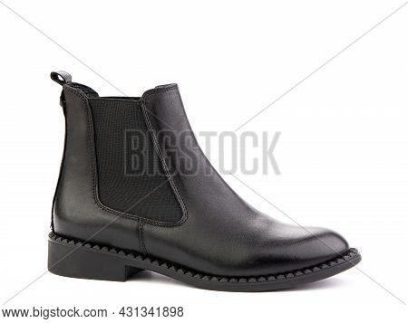 Womens Autumn Chelses Black Leather Boots Isolated White Background. Right Side View. Fashion Shoes.