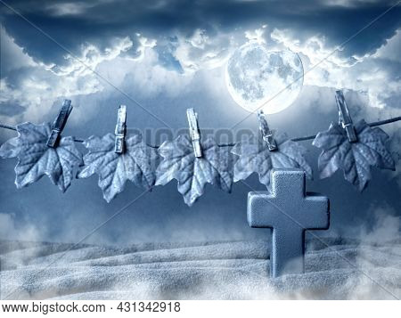 Halloween. A Terrible Grave Cross And The Moon In A Terrible Place At Night. Halloween Scene With A 