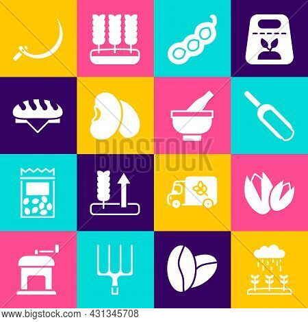 Set Plant Sprouts Grow In The Rain, Pistachio Nuts, Scoop Flour, Green Peas, Beans, Bread Loaf, Sick