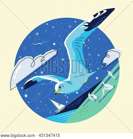 Flying Seagull Over The Sea Against The Background Of The Starry Sky, Yachts And People Who Are Rest