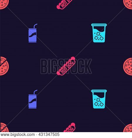 Set Glass With Water, Soda Can Drinking Straw, Hotdog Sandwich And Pizza On Seamless Pattern. Vector