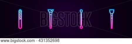 Set Line Nail File, Makeup Brush, Cotton Swab For Ears And . Glowing Neon Icon. Vector