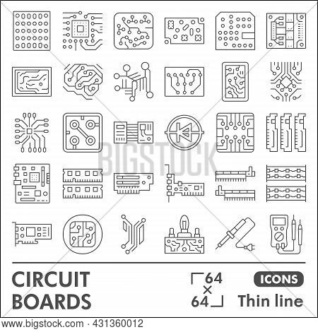Printed Circuit Board Line Icon Set, Micro Chip Symbols Collection Or Sketches. Pcb Thin Line Linear