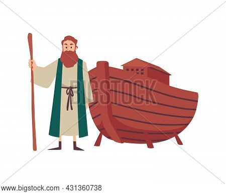 Noahs The Bible Prophet And His Ark Boat, Flat Vector Illustration Isolated.