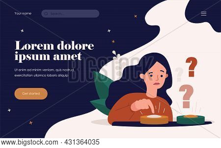 Puzzled Woman Choosing Between Two Buttons And Pushing Blue One. Vector Illustration For Difficult C