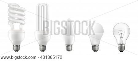 Light Bulbs Realistic 3d Vector Illustrations Set. Different Lightbulb Types With Various Shapes Iso