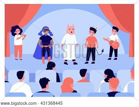 Children Performing On Stage In Front Of Audience. Flat Vector Illustration. Kids Playing In Costume