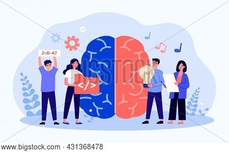 Brain Hemispheres Responsible For Creativity And Science. Flat Vector Illustration. Giant Brain, Tin