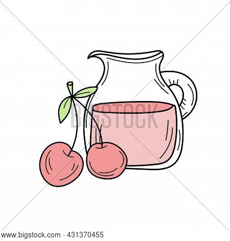 Juice With Cherry In A Glass Jug, Vector Cartoon Card With Fresh Berries Isolated On White. Cherry L