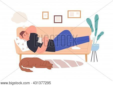 Relaxed Person Resting On Sofa And Dreaming Of Smth. Happy Thoughtful Man Lying On Couch At Home, Th