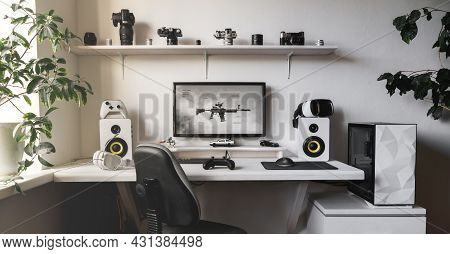 General View Home Workplace Of Gamer With Computer And Gamepad.