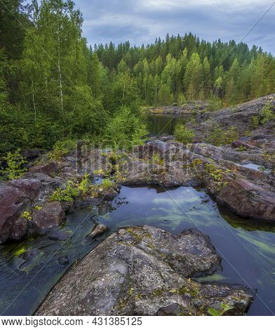 Green Algae In Water On Poor Porog, Threshold, On The River Suna Karelia, Russian Landscape Summer