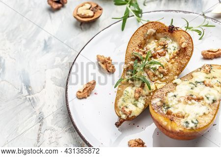 Appetizer Pears Baked With Dorblu, Gorgonzola, Roquefort Cheese, Honey And Walnuts. Healthy Fats, Cl