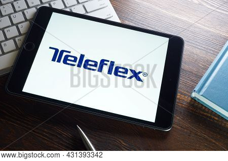 Kyiv, Ukraine - August 21, 2021. Teleflex Inc Tfx Logo Company And Keyboard.